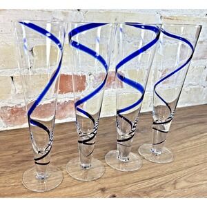 Pier 1 Blown Glass Pilsner Flutes Set 4 Cobalt Blue Ribbon Stripe Christmas NYE